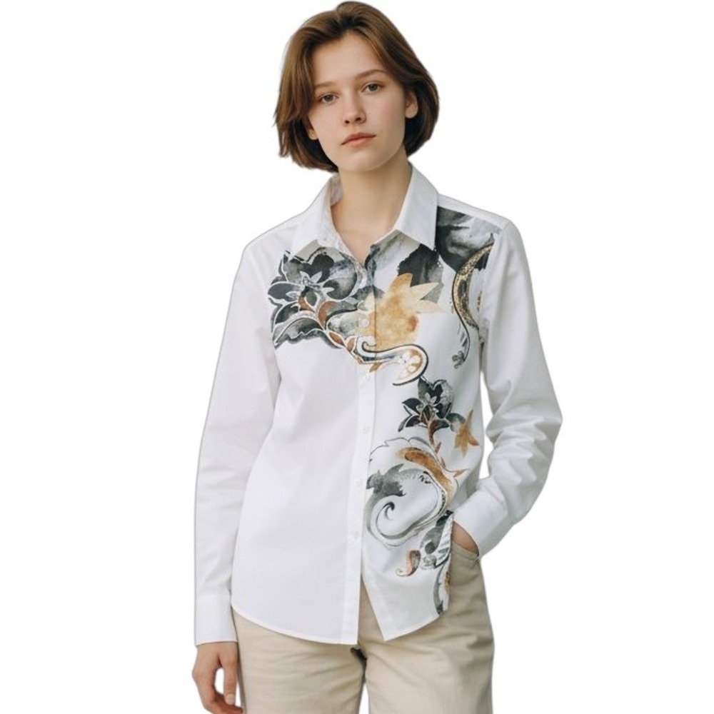 Chico's White Button Down Shirt Floral Print Size 05 U.S. 6 Long Sleeve‎